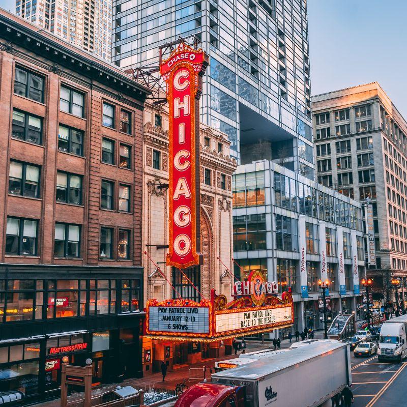 The iconic Chicago Theatre marquee sign